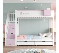 ComfortXL Lit superposé pour Enfant, 90 x 200 cm, Motifs Lapin et Carotte, étagère de Rangement Amovible, échelle de Rangement sécurisée, tiroirs, sommier à Lattes, lit Double, Blanc et Rose