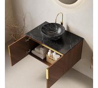 ComfortXL Meuble de Salle de Bain 76cm avec lavabo en céramique Noire Motif Pierre Plan Noir en Pierre sinterée Armoire 2 Portes contreplaqué Bois Espresso Design Moderne Mural（Robinet Non Inclus）