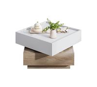 ComfortXL Table Basse Fonctionnelle, Tournante à 360°, 2 Étages Et Rangement, Cadre en Noyer, Blanc,60×60×38cm