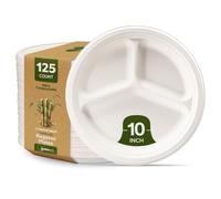 Comfy Package Assiettes 10 pouces robustes, 100% compostables [pack de 125] à 3 compartiments - Assiettes en papier de canne à sucre jetables écologiques