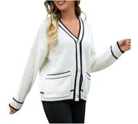 Comfy Sweater Women's Contrasting Button Deep V-Neck Double Side Straight Pockets Long Sleeve Knitted Cardigan Coat