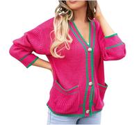 Comfy Sweater Women's Contrasting Button Deep V-Neck Double Side Straight Pockets Long Sleeve Knitted Cardigan Coat