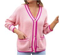 Comfy Sweater Women's Contrasting Button Deep V-Neck Double Side Straight Pockets Long Sleeve Knitted Cardigan Coat