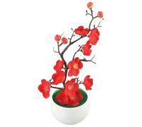 ComfyHarbor Bonsaï artificiel en pot - Fausse fleur de prunier pour décoration de maison, bureau, arbuste réaliste en soie pour fête de mariage, café, verdure synthétique - 30 x 11,9 cm (rouge)