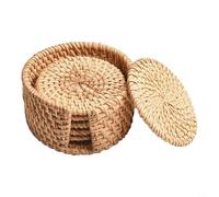 ComfyHarbor Lot de 6 dessous de verre en osier naturel tissé à la main avec support de rangement, dessous de plat en paille de 8 cm pour boissons chaudes et froides, isolation thermique
