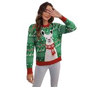 COMFYLOT & KK TRADERS MCR LTD Pull de Noël en tricot pour femme avec imprimé lama, col rond, manches longues, extensible, doux, chaud, nouveauté imprimé, Vert, S/M