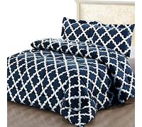 ComfyWell Parure de lit double - Couvre-lit imprimé, couvre-lits et parures de lit, 2 taies d'oreiller chaudes et hypoallergéniques, couvre-lit pour lit double (200x200 cm), bleu marine