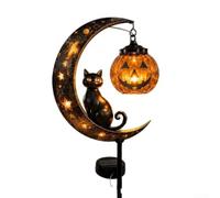 Comgooldool Lampe solaire en forme de chat noir et citrouille sur piquet de lune - 85 cm - Décoration de jardin d'Halloween avec matériau PET résistant aux intempéries - Pour extérieur, allée et cour