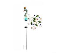 Comgooldool Lampe solaire en forme de paon en fer forgé pour jardin, lampe en métal avec queue de perle colorée et ornement en verre bleu, décoration extérieure résistante aux intempéries, vert, 82 x
