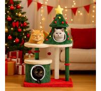 COMHOAM Arbre à chat design sapin de Noël de 123 cm, tour de chat stable avec griffoirs, maison à plusieurs étages avec plateformes et balle de jeu, griffoir de Noël pour chat