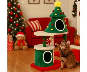 COMHOMA - Arbre à chat en design de sapin de Noël 123 cm, Arbre à chat stable avec colonnes à gratter, maison pour chats à plusieurs étages avec plateformes et balle de jeu, mobilier de chat de Noël