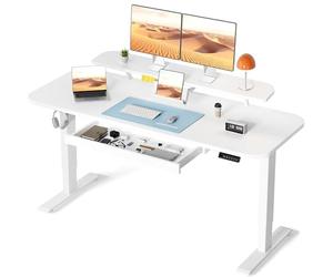 COMHOMA Bureau Assis Debout Électrique, 120x60cm Bureau Électrique avec Rangement, Support Écran, Tiroir, Support pour Ordinateur Portable, avec 3 Hauteurs de Mémoire, Blanc