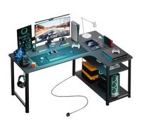 COMHOMA Bureau Gaming en Forme de L, Bureau d’Angle avec Étagères Rangement, Table imformatique avec Port de Charge USB et Prise de Courant, 140L*80P*74H, pour Jouer, Travailler (Noir-140CM)