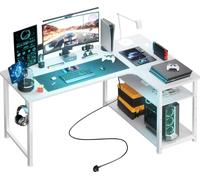 COMHOMA Bureau Gaming Table avec étagère, bureau d'angle avec prise de charge USB et prise de courant, table d'ordinateur de 120 cm en forme de L, table PC pour bureau, maisonb
