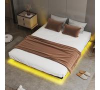 COMHOMA Cadre de lit en métal, avec LED et prises, 90 x 200 cm, application et télécommande, construction stable avec sommier à lattes