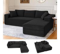 COMHOMA Canapé d'angle en Forme de L, Canapés Modulaire 105" avec Assise Profonde, Canapés Entièrement Compressé, Canapé 3 Places pour Salon et Chambre, Aucun Assemblage Requis, Velours côtelé (Noir)