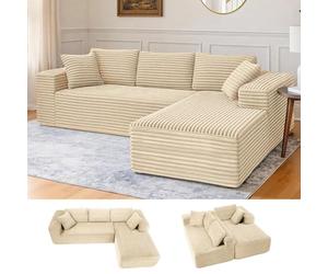 COMHOMA Canapé d'angle en Forme de L, Canapés Modulaire 105" avec Assise Profonde, Canapés Entièrement Compressé, Canapé 3 Places pour Salon et Chambre, Aucun Assemblage Requis, Velours côtelé (Beige)