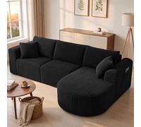 COMHOMA Canapé d'angle modulaire en velours côtelé de 243 cm avec méridienne, canapé-lit en forme de L, canapés sectionnels avec coussins et poches latérales, canapé pour salon, sans montage, noir