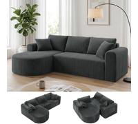 COMHOMA Canapé d'angle modulaire en velours côtelé de 263 cm avec méridienne, canapé-lit en forme de L, canapés sectionnels avec coussins et poches latérales, canapé pour salon, sans montage, gris