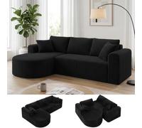 COMHOMA Canapé d'angle modulaire en velours côtelé de 263 cm avec méridienne, canapé-lit en forme de L, canapés sectionnels avec coussins et poches latérales, canapé pour salon, sans montage, noir
