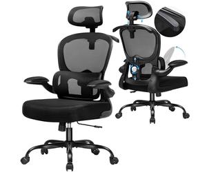COMHOMA Chaise de Bureau Ergonomique, Fauteuil avec Appui-tête 3D et Support Lombaire, Design Intégré avec Porte-vêtements, Accoudoirs Rabattables, Siège Rembourré en Maille Respirante