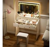 COMHOMA Coiffeuse, Coiffeuse avec Éclairage, Miroir et Bande LED Dissimulée, avec Chaise et 5 Tiroirs, Multiprise, Trois Températures de Couleur et Luminosité Réglables, Blanc