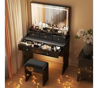 COMHOMA Coiffeuse, Coiffeuse avec Miroir et Tabouret, Miroir LED à Luminosité Réglable, Table de Maquillage avec 5 Tiroirs et Prise, 40 x 80 x 135 cm, Commode Moderne, Noir