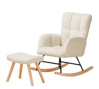 COMHOMA fauteuil à bascule, fauteuil de relaxation avec accoudoirs, fauteuil à oreilles en peluche Teddy fauteuil à bascule, supporte jusqu'à 150 kg, salon beige avec repose-pieds