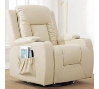 COMHOMA Fauteuil de relaxation avec dossier réglable et repose-pieds, fauteuil de salon pivotant à 360° en cuir synthétique avec porte-gobelets et poches latérales, soutien ergonomique pour tout le