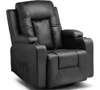 COMHOMA Fauteuil de relaxation avec dossier réglable et repose-pieds, fauteuil lounge pivotant à 360° en cuir PU avec porte-gobelets et poches latérales, support ergonomique pour tout le corps, Noir