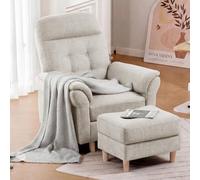 COMHOMA Fauteuil de Relaxation, Fauteuil Inclinable avec Tabouret, Dossier 4 Niveaux Réglable, Poche latérale, Fauteuils Rembourré Sac à Ressorts Simple Salon Chambre Cinéma, Chenille, Beige