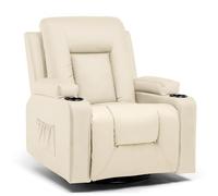 COMHOMA Fauteuil Relax avec Dossier et Repose-Pieds Réglables, Chaise Pivotante 360° avec Porte-Gobelets et Poches Latérales, Design Ergonomique avec Soutien Complet du Corps, Cuir PU, Beige