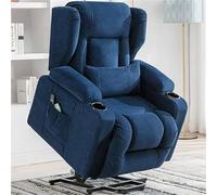 COMHOMA Fauteuil Relax électrique Fauteuil Salon Massage TV Fonction inclinable Vibration Debout assisté Dossier réglable avec Repose-Pieds et Porte-gobelet Brun Liegefunktion Stoff-Blau
