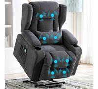 COMHOMA Fauteuil Relax électrique Fauteuil Salon Massage TV Fonction inclinable Vibration Debout assisté Dossier réglable avec Repose-Pieds et Porte-gobelet Brun Liegefunktion Stoff-Grau