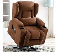 COMHOMA Fauteuil Relax Electrique Salon Massage TV Fonction Inclinable Vibration Debout Assisté Dossier Réglable avec Repose-Pieds et Porte-Gobelet Tissu-Brun