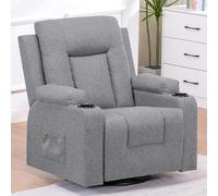 COMHOMA Fauteuil relax en tissu pour salon avec dossier réglable manuellement, repose-pieds extensible, fonction rotative à 360°, porte-gobelet, poches latérales et design ergonomique, gris foncé