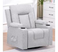 COMHOMA Fauteuil relax en tissu pour salon avec dossier réglable manuellement, repose-pieds extensible, fonction rotative à 360°, porte-gobelet, poches latérales et design ergonomique, gris clair