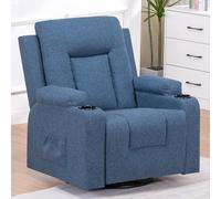 COMHOMA Fauteuil Relaxation en Tissu avec Fonction Inclinable, Recliner Chair, Pivotant à 360 °, 2 Poches Latérales et Porte-Tasse, Bleu
