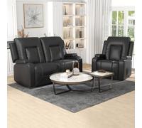 COMHOMA Fauteuil Salon Relax Inclinable, Dossier Réglable avec Porte-gobelet, Poches Latérales, Accoudoirs, Repose-Pieds, Cuir PU, Bureau, Chambre, Noir, 2+1