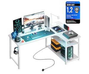 COMHOMA Table de Jeu avec Prise - 130 x 80 cm - Bureau d'angle avec Port de Charge USB et étagère - Bureau d'ordinateur en Forme de L - Table PC pour Bureau, Bureau à Domicile