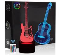 Comiwe Guitare (D) 3D Illusion Veilleuse Jouets,Décor de Maison LED Lampe de Chevet Table,Tactile & Télécommander 16 Couleurs,Cadeau d'Anniversaire de Noël Pour Filles Garçons Enfants Amis et Famille