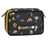 Comix Scomix by Sio Trousse d'école 3 Compartiments pour Enfants et Filles avec kit de Papeterie Complet, 5 étiquettes Porte-omes et Pratiques Fermetures à glissière 20 x 13 x 7 cm Noir, Multicolore,