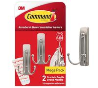 Command Crochet Double Grand Modèle en Nickel Brossé - 2 Crochets et 3 Languettes, 1,8 kg - Pour Accrocher et Décorer Sans Abîmer