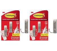 Command Crochet Double Grand Modèle en Nickel Brossé - 2 Crochets et 3 Languettes, 1,8 kg - Pour Accrocher et Décorer Sans Abîmer (Lot de 2)