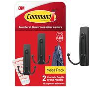 Command Crochet Double Métal Mat Brossé, Noir, Grand Modèle - 2 Crochets et 3 Grandes Languettes - Accrochage sans Dommage