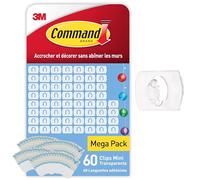 Command Crochets de Fixation, Lot de 60 Mini-Crochets Transparents et de 68 Petites Bandes Adhésive - Pour la Décoration des Guirlandes Lumineuses, Accrochage Sans Dommage