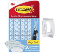 Command Crochets Mini Transparents avec Languettes Transparentes, Lot de 30 Crochets et 32 Languettes - Pour Accrocher et Décorer Sans Abîmer