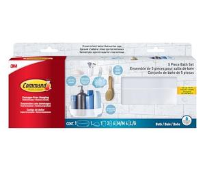 Command Ensemble d'accessoires de Salle de Bain avec 1 Organiseur de Douche, 1 Porte-Savon, 1 Porte-Brosse à Dents et 2 Crochets avec Bandes résistantes à l'eau