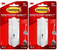 Command Grand crochet métallique blanc - 1 crochet et 2 bandes adhésives - Crochet de suspension amovible pour différentes surfaces - Suspension sans dommage - Charge maximale de 2,2 kg (Lot de 2)