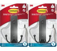Command Grand crochet mural double pour salle de bain, noir mat, 1 crochet et 1 bande résistante à l'eau, suspension sans dommage pour serviettes de bain (Lot de 2)